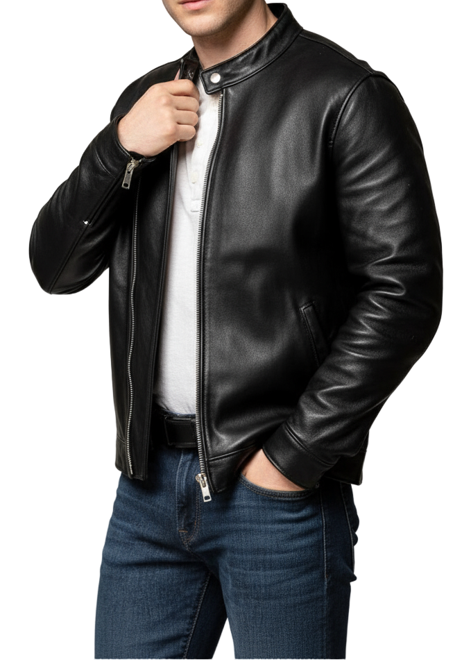 Stand-Collar Black Leather Biker Jacket