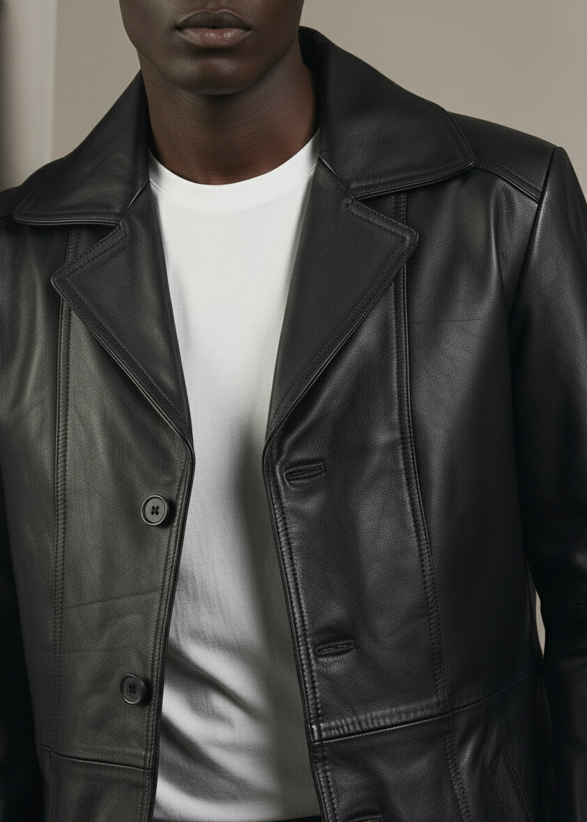 Classic Black Leather Overcoat
