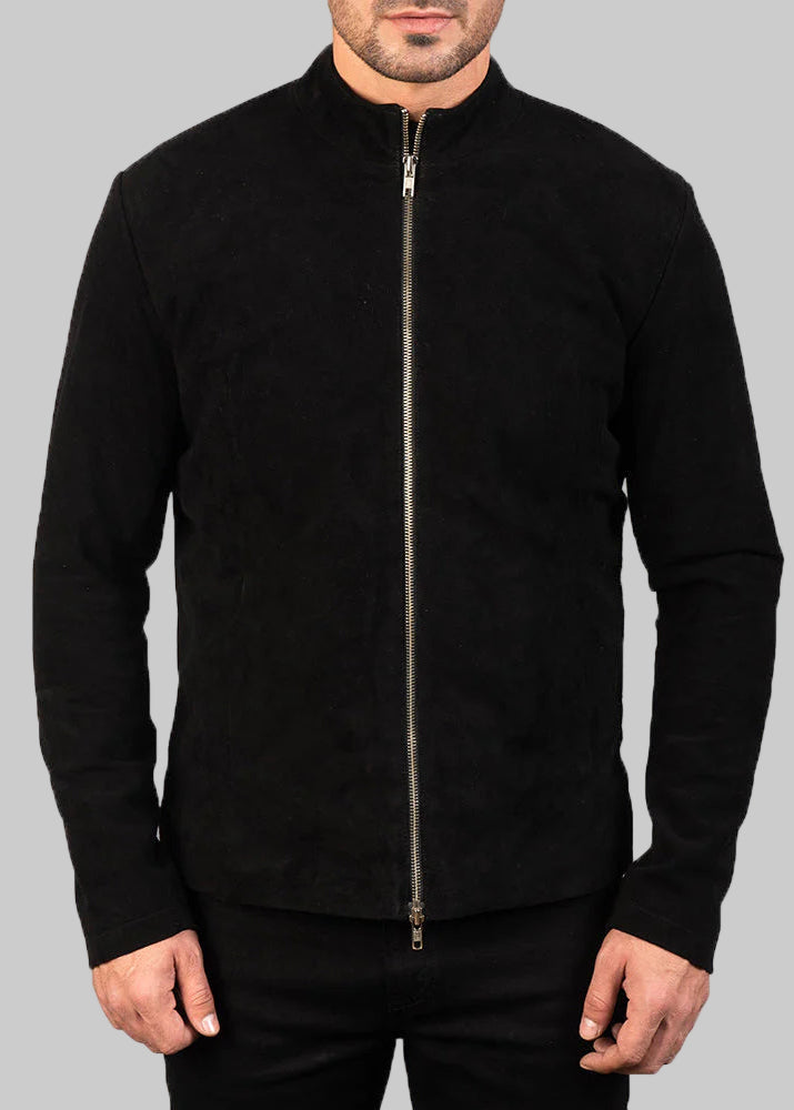 Black Suede Leather Zip-Up Jacket