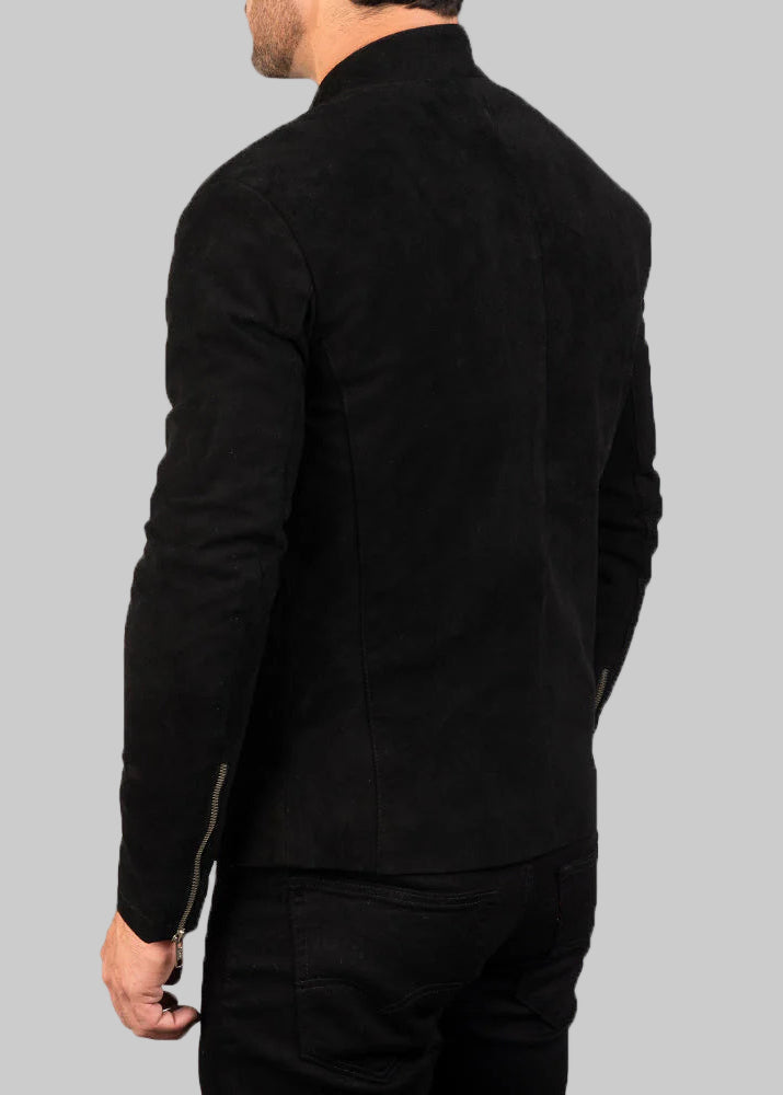Black Suede Leather Zip-Up Jacket