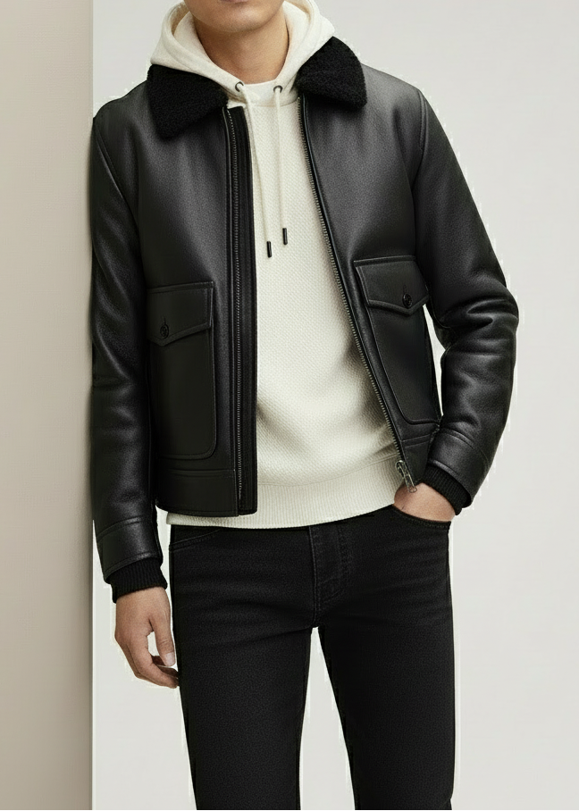 Shearling Collar Black Leather Jacket