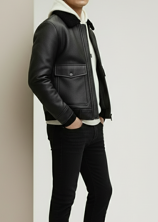 Shearling Collar Black Leather Jacket