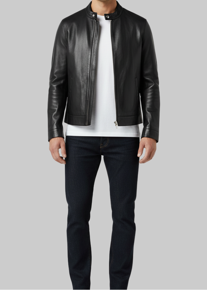 Stand-Collar Black Leather Biker Jacket