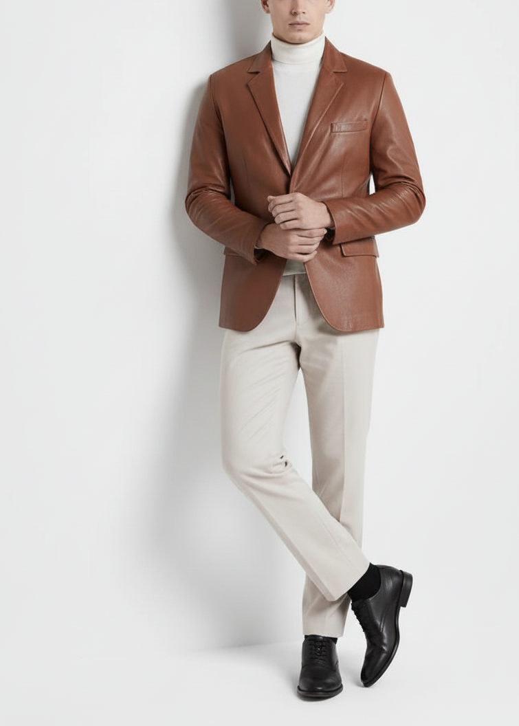 Smooth Brown Leather Blazer