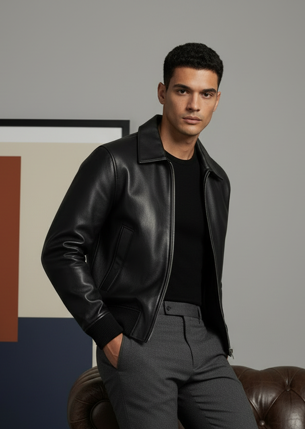 Black Leather Bomber Casual Jacket