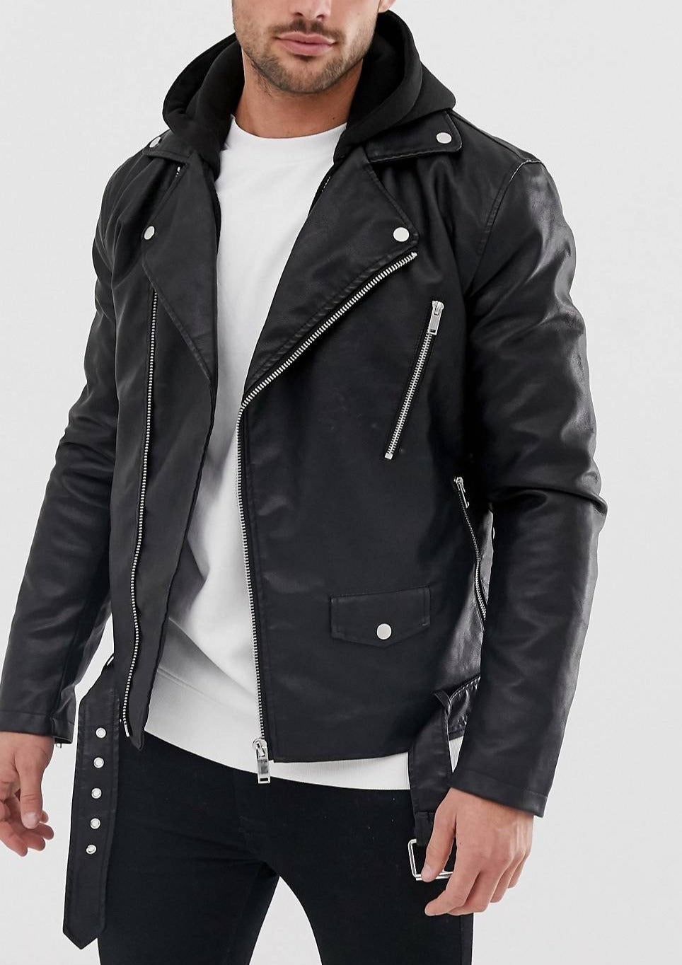 Black Biker Leather Jacket With Hoodie