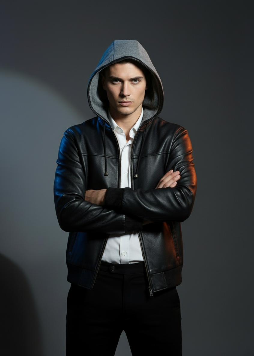 Black Hooded Leather Bomber Jacket