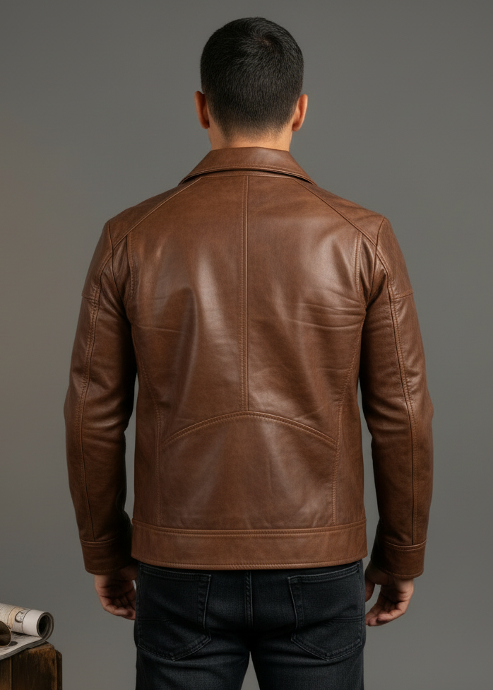 Brown leather jacket back view