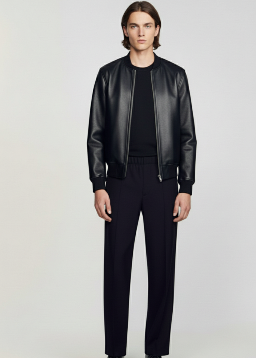 Classic Jet Black Bomber Leather Jacket