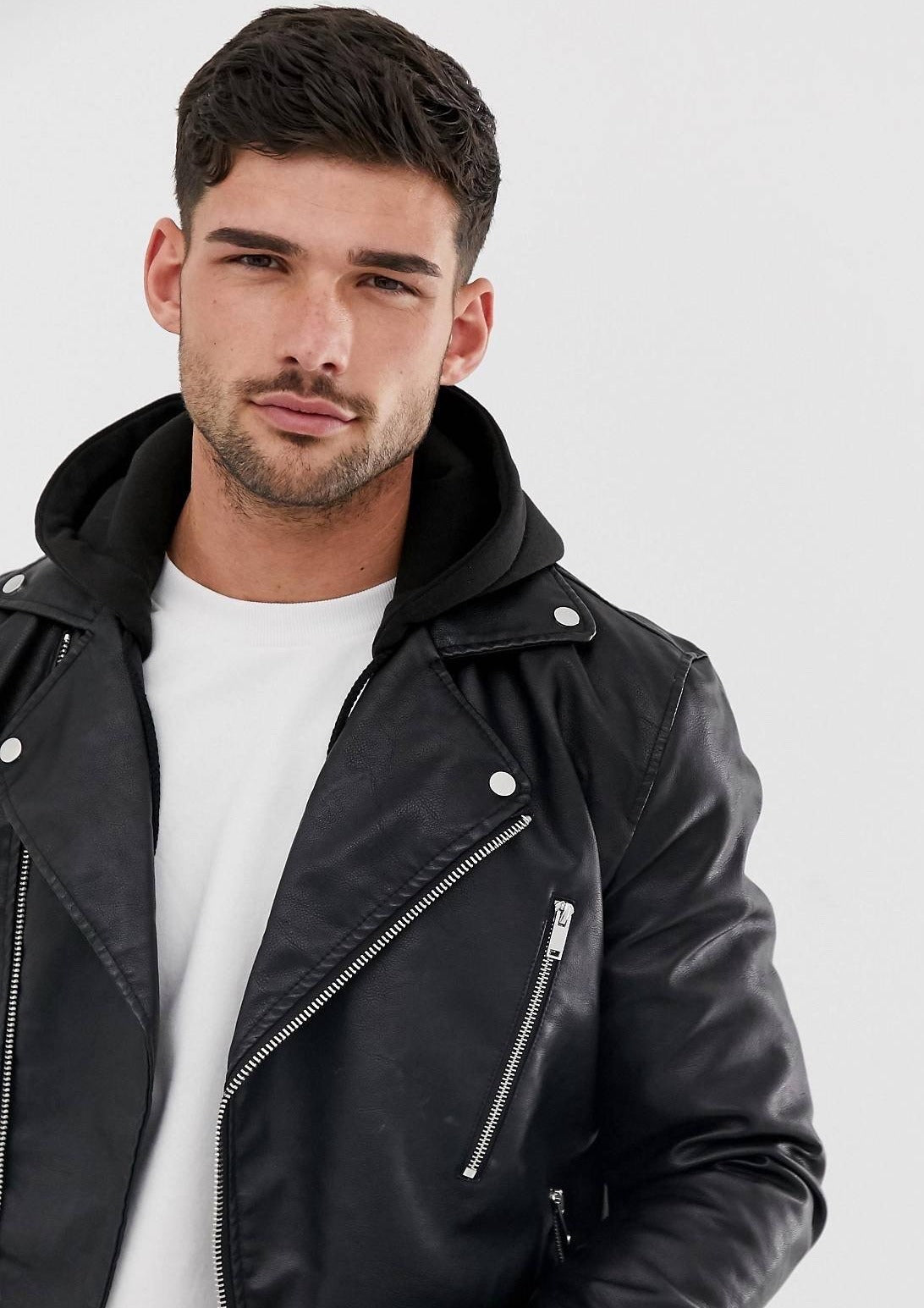 Black Biker Leather Jacket With Hoodie