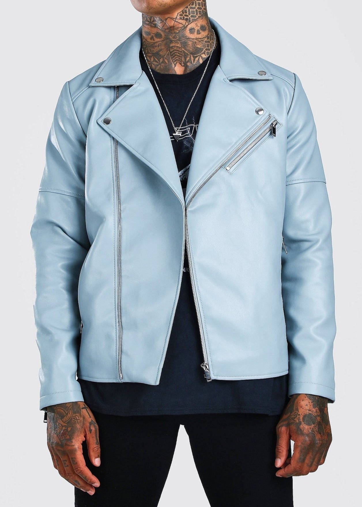 Light Blue Leather Biker Jacket