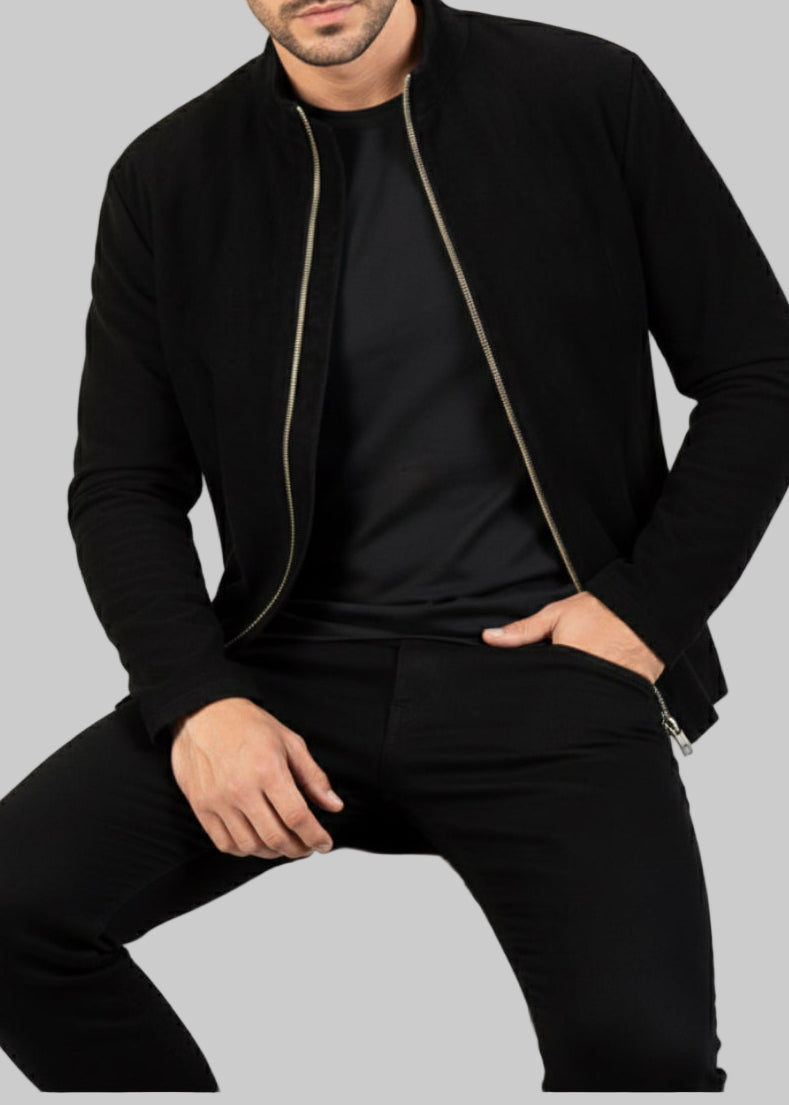 Black Suede Leather Zip-Up Jacket