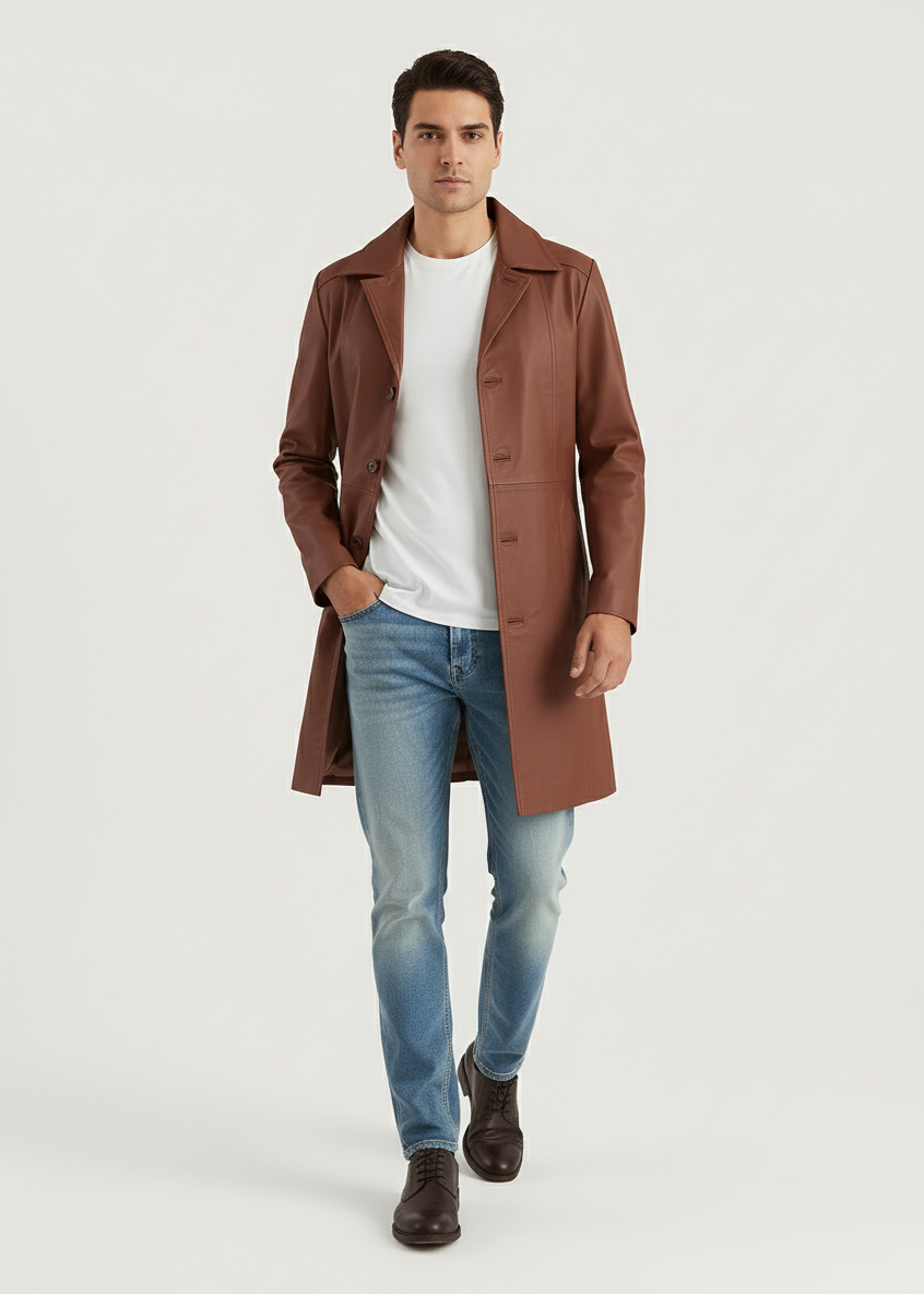 Tan Brown Leather Overcoat